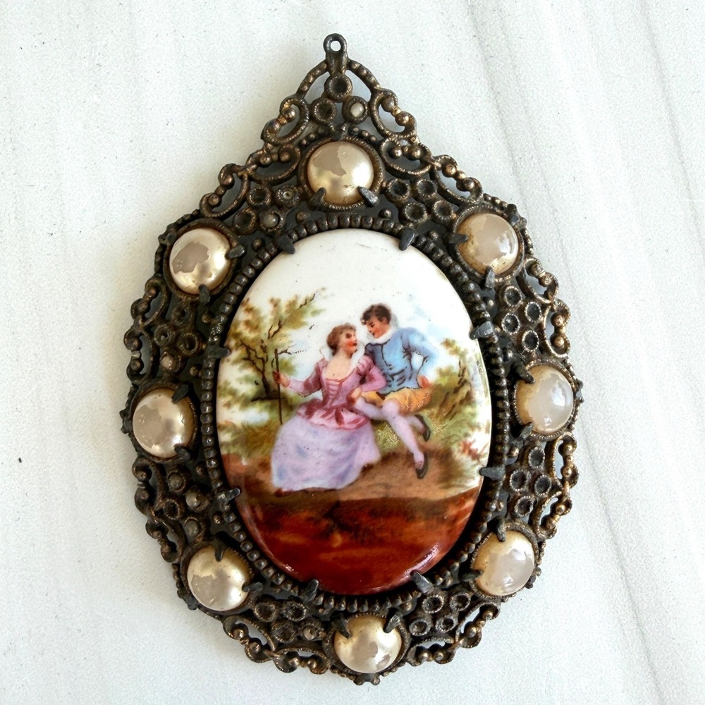 Vintage Limoges Style Porcelain Fragonard Pendant Faux Pearl Filigree Border